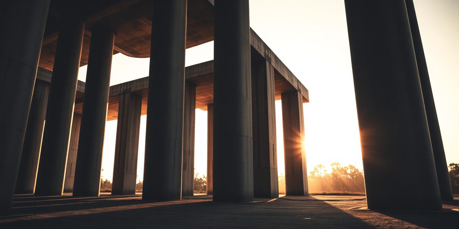 Architectural concrete pillars meeting morning light